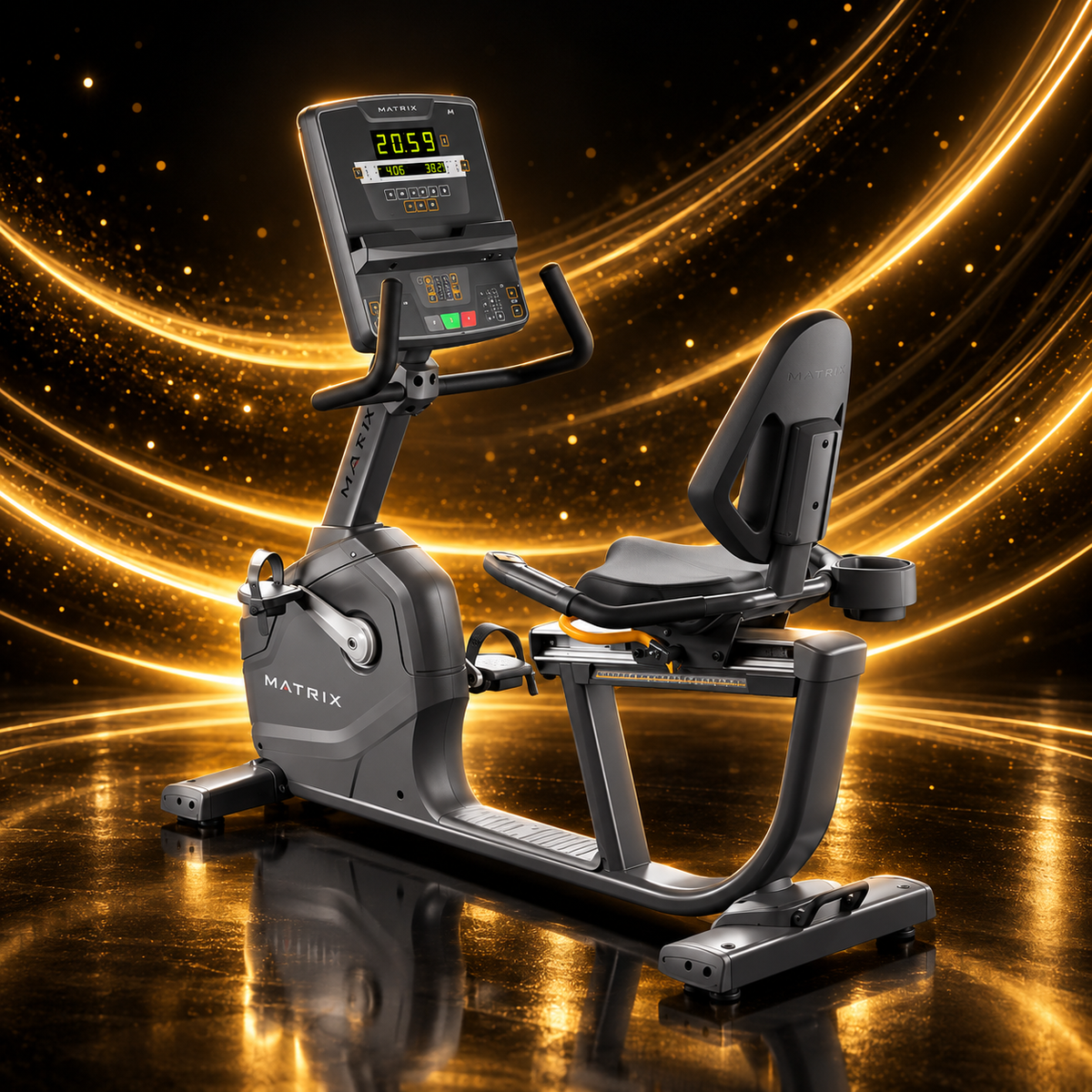 Matrix Fitness – Vélo Couché Endurance Recumbent Professionnel — présentation sur fond noir et or