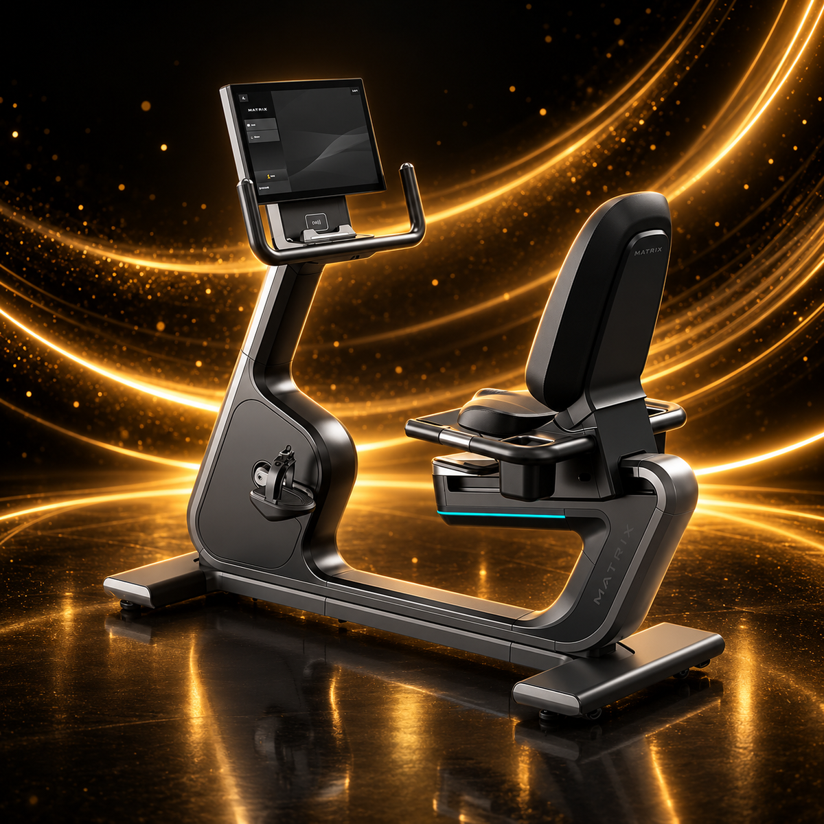 Matrix Fitness – Vélo Couché Performance Onyx Recumbent Cycle — présentation sur fond noir et or