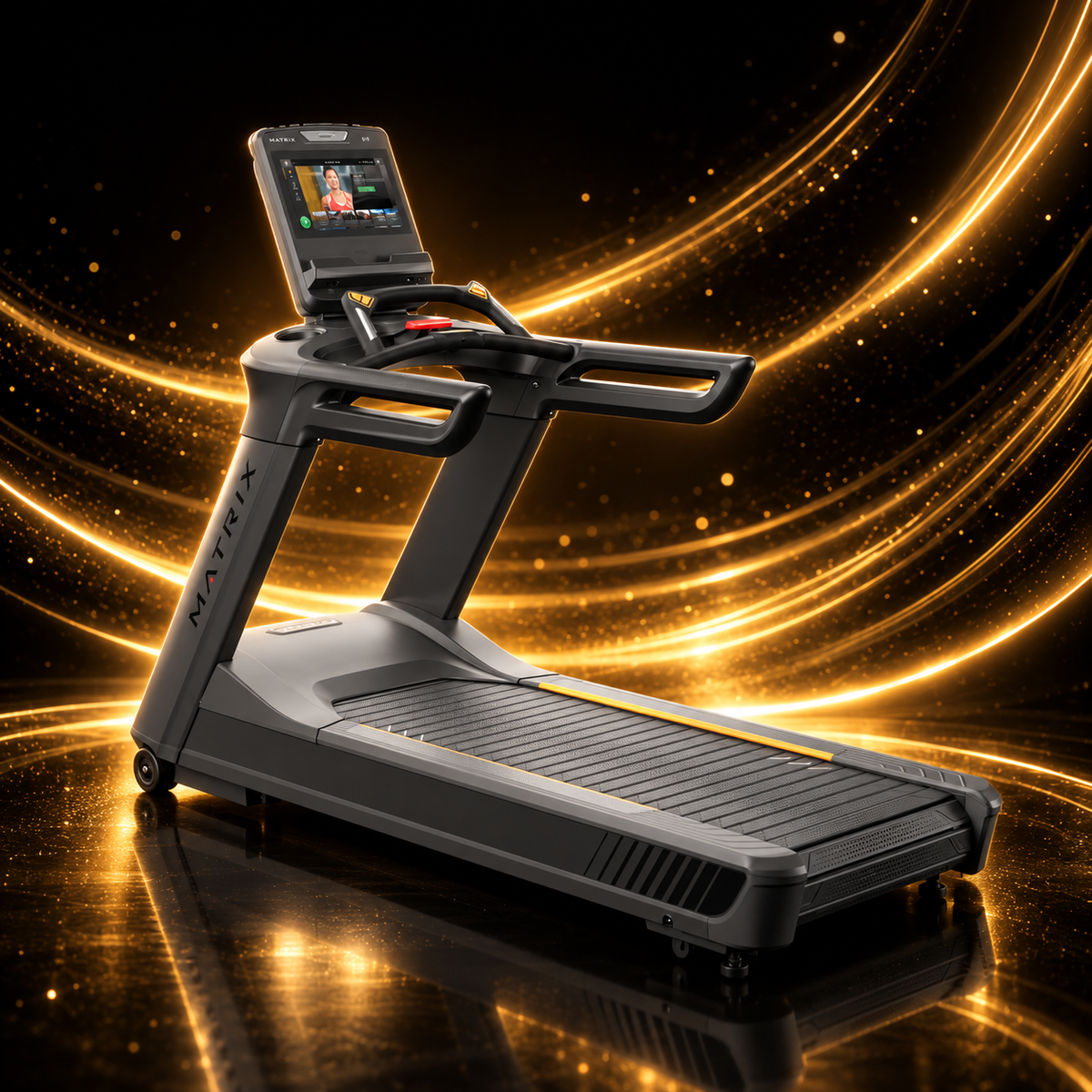 Matrix Fitness – Tapis de Course Performance Plus Touch — présentation sur fond noir et or