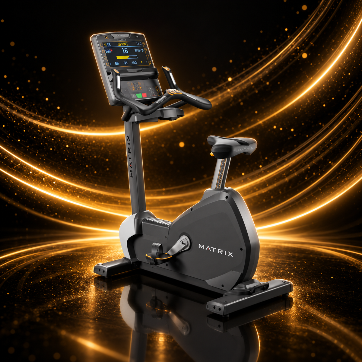 Matrix Fitness – Vélo Droit Performance Upright Cycle Premium LED — présentation sur fond noir et or