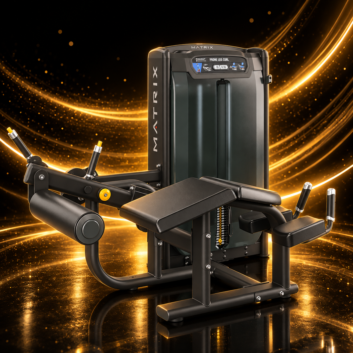 Matrix Fitness G7-S73 Ultra Prone Leg Curl — Appareil Musculation Professionnel — présentation sur fond noir et or