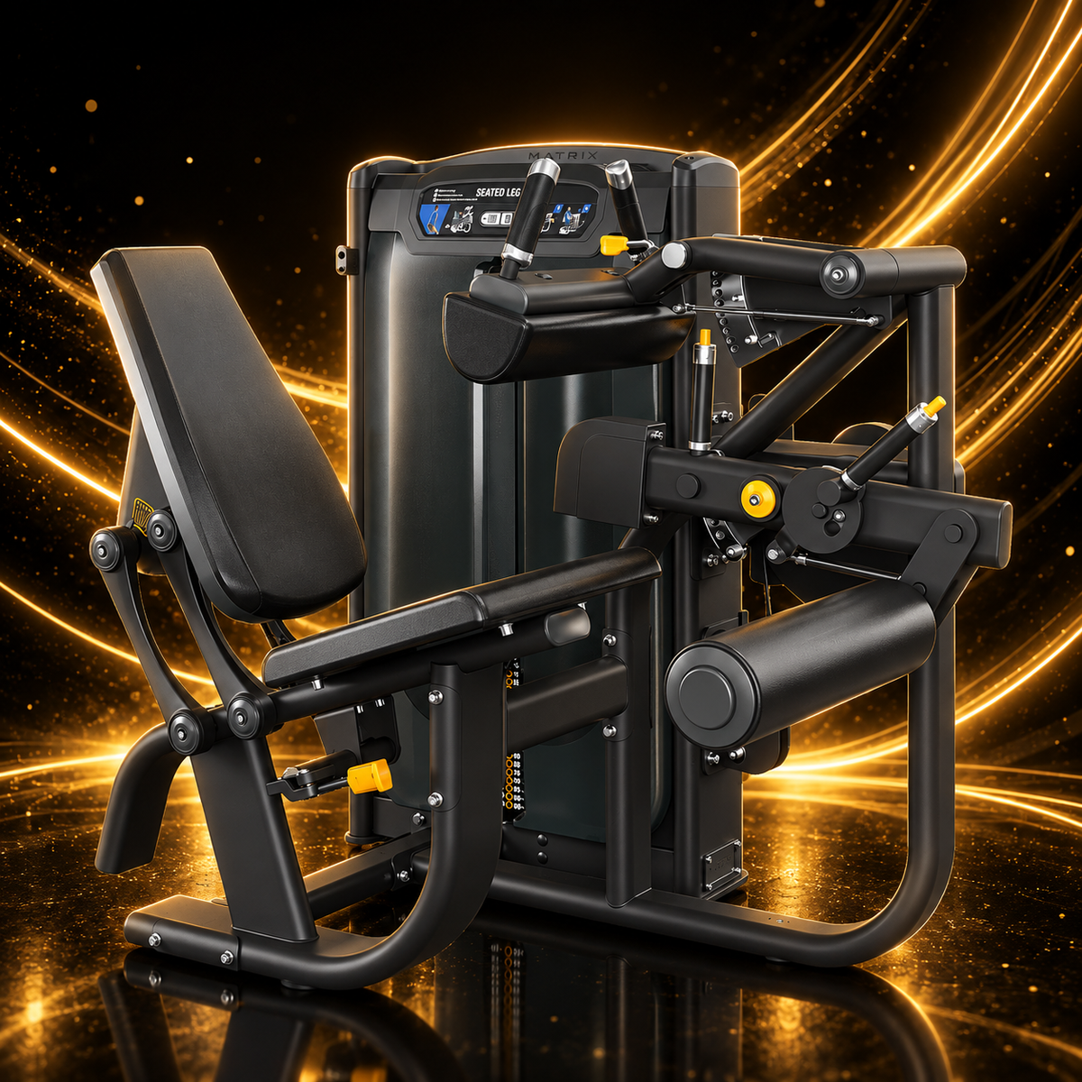 Matrix Fitness G7-S72 Ultra Seated Leg Curl — Appareil Musculation Professionnel — présentation sur fond noir et or