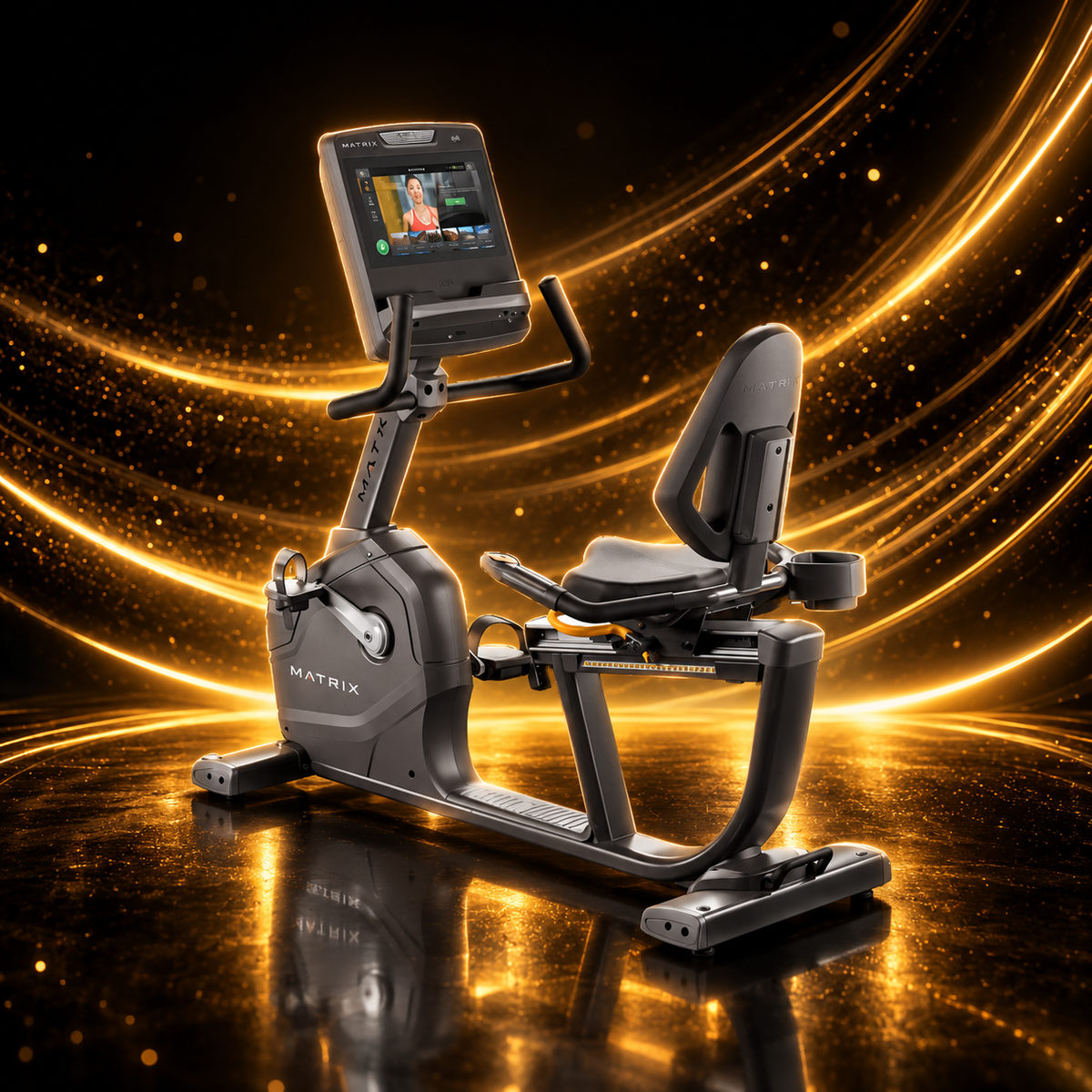 Matrix Fitness – Vélo Couché Endurance Recumbent Touch Professionnel — présentation sur fond noir et or