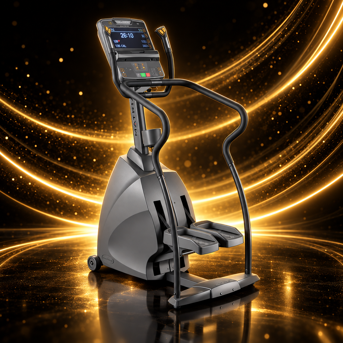 Matrix Fitness – Stepper Endurance Premium LED Professionnel — présentation sur fond noir et or