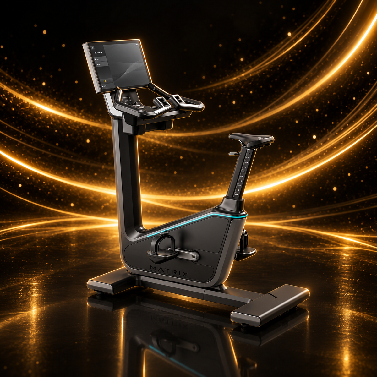 Matrix Fitness – Vélo Droit Performance Onyx Upright Cycle — présentation sur fond noir et or