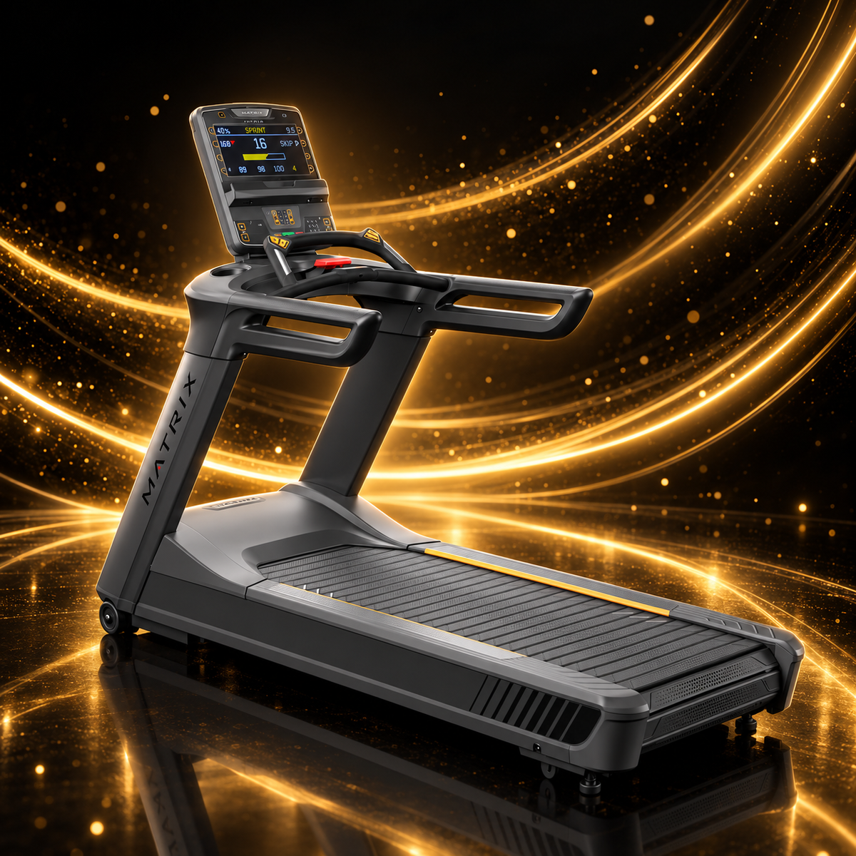 Matrix Fitness – Tapis de Course Performance Plus Premium LED — présentation sur fond noir et or