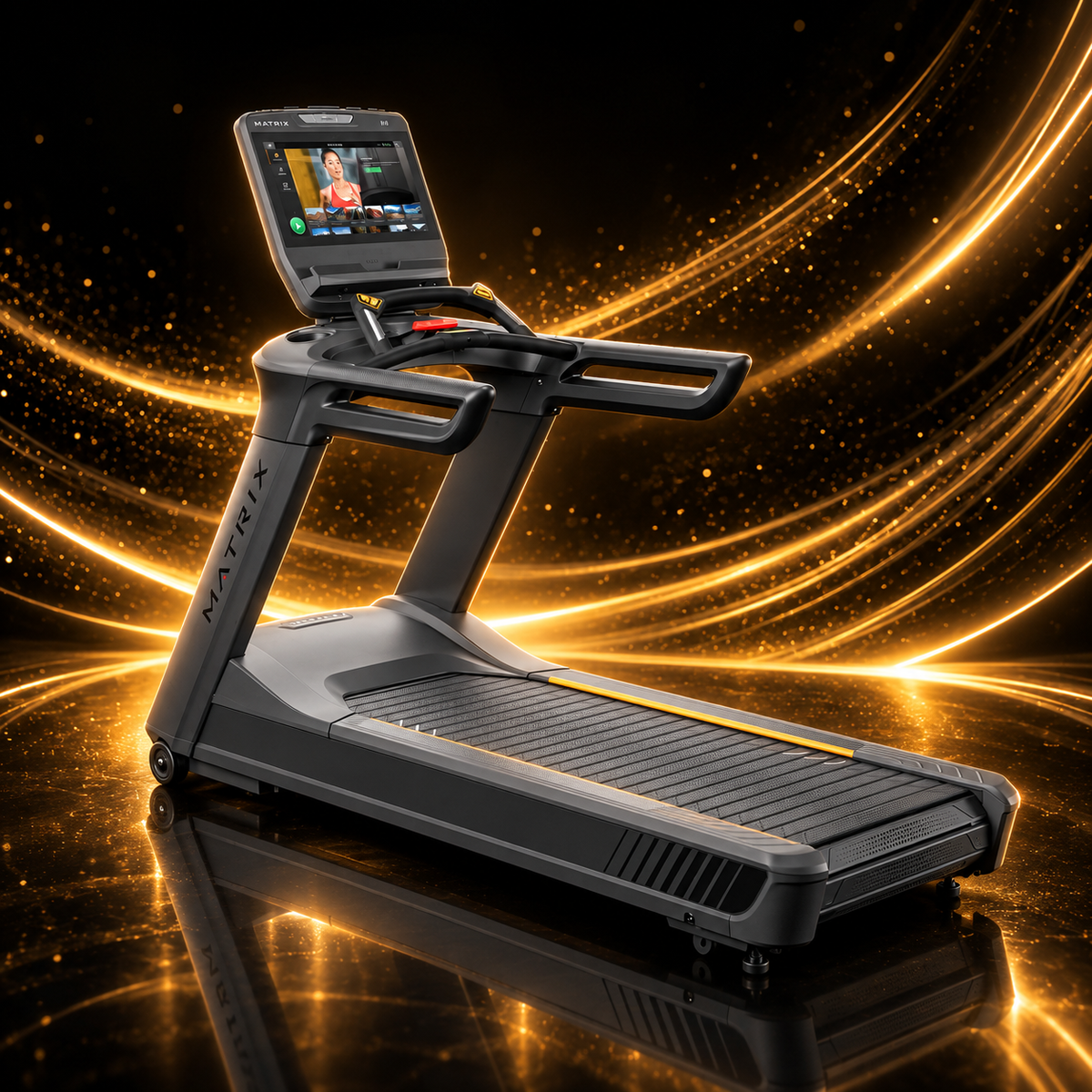 Matrix Fitness – Tapis de Course Performance Plus Touch XL — présentation sur fond noir et or