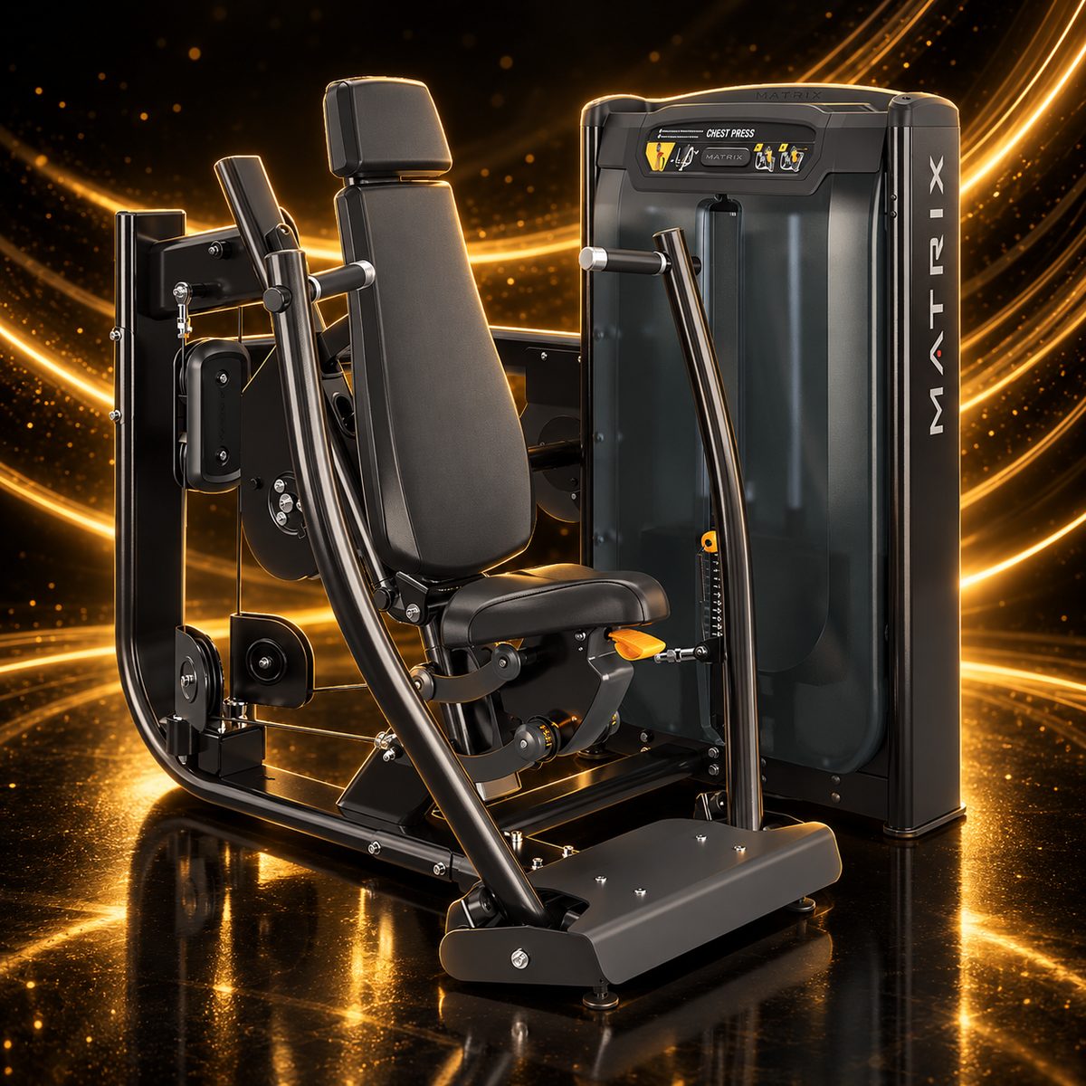 Matrix Fitness G7-S13B Ultra Converging Chest Press — Appareil Musculation Professionnel — présentation sur fond noir et or