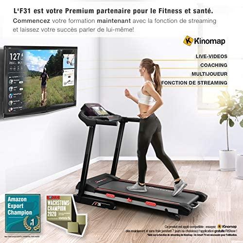 Sportstech Remise de précommande Tapis de Course Pliable et Compact F31- Marque Allemande de qualité - Vidéo Events et APP multijoueur Via écran LCD, Compatible Smartphone 4PS 16km/h