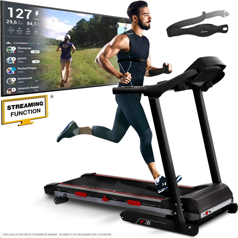 Sportstech Remise de précommande Tapis de Course Pliable et Compact F31- Marque Allemande de qualité - Vidéo Events et APP multijoueur Via écran LCD, Compatible Smartphone 4PS 16km/h