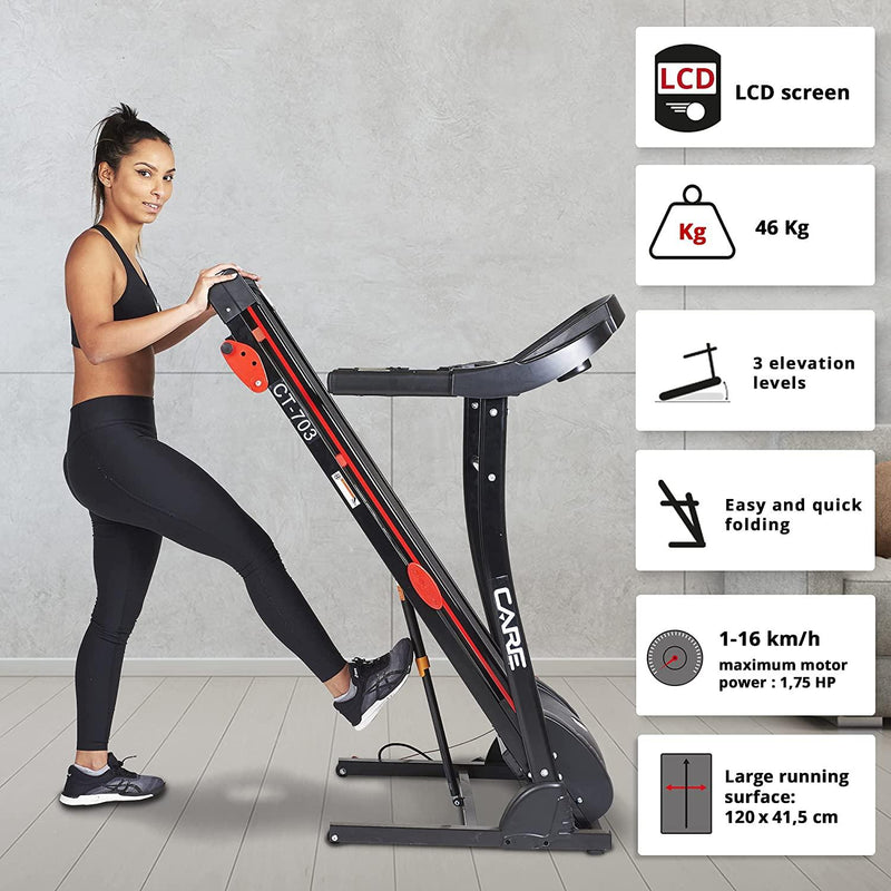 CARE FITNESS - Tapis de Course Motorisé 703-2 - Marche et Footing à Domicile - Inclinaison Manuelle - Tapis de Course Pliable - Care CT-703-2 - LUXING SPORT