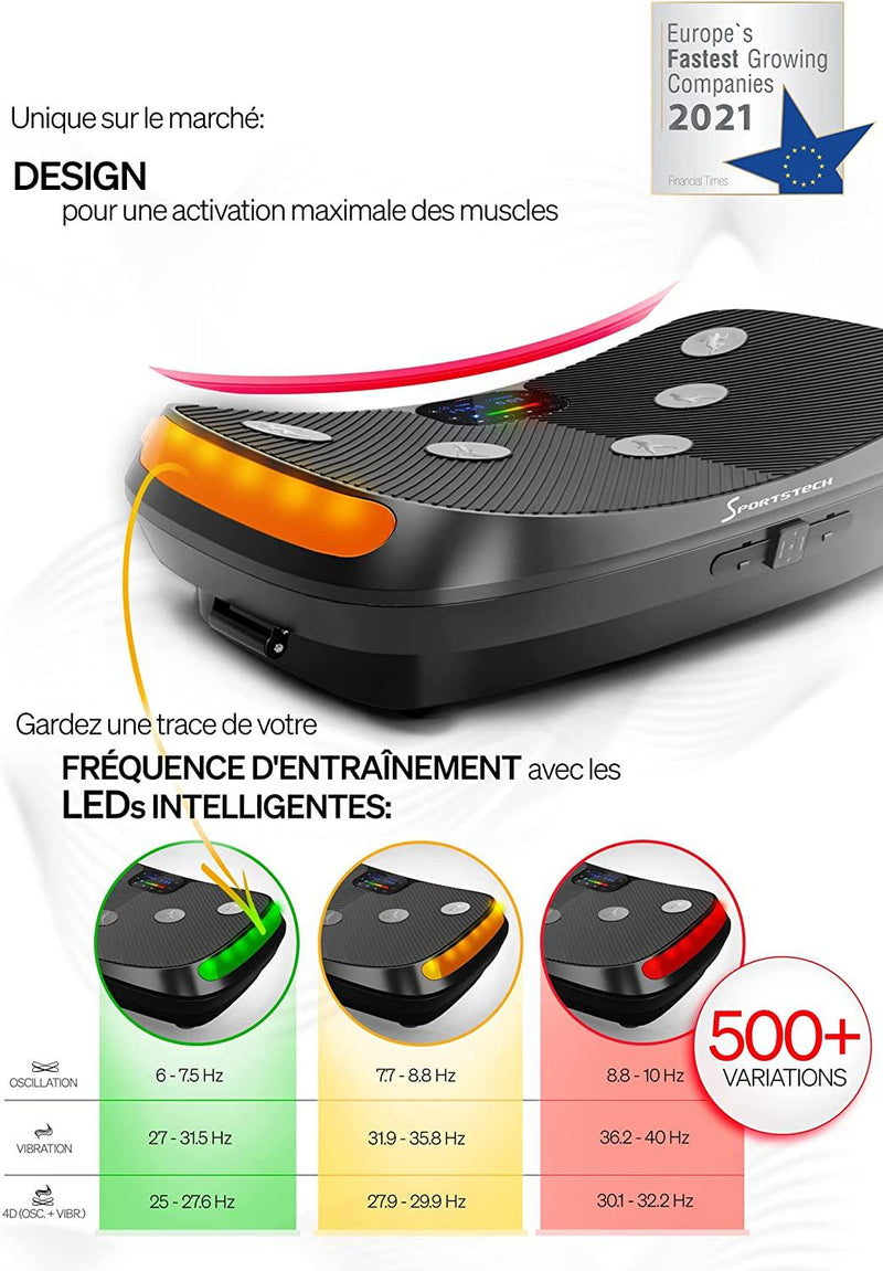 Sportstech VP400 Plateforme Vibrante Oscillante Professionnelle Fitness avec Technologie de Vibration 4D, fréquence jusqu'à 40Hz avec Design courbé, 2 puissants Moteurs + télécommande + écran Tactile - LUXING SPORT