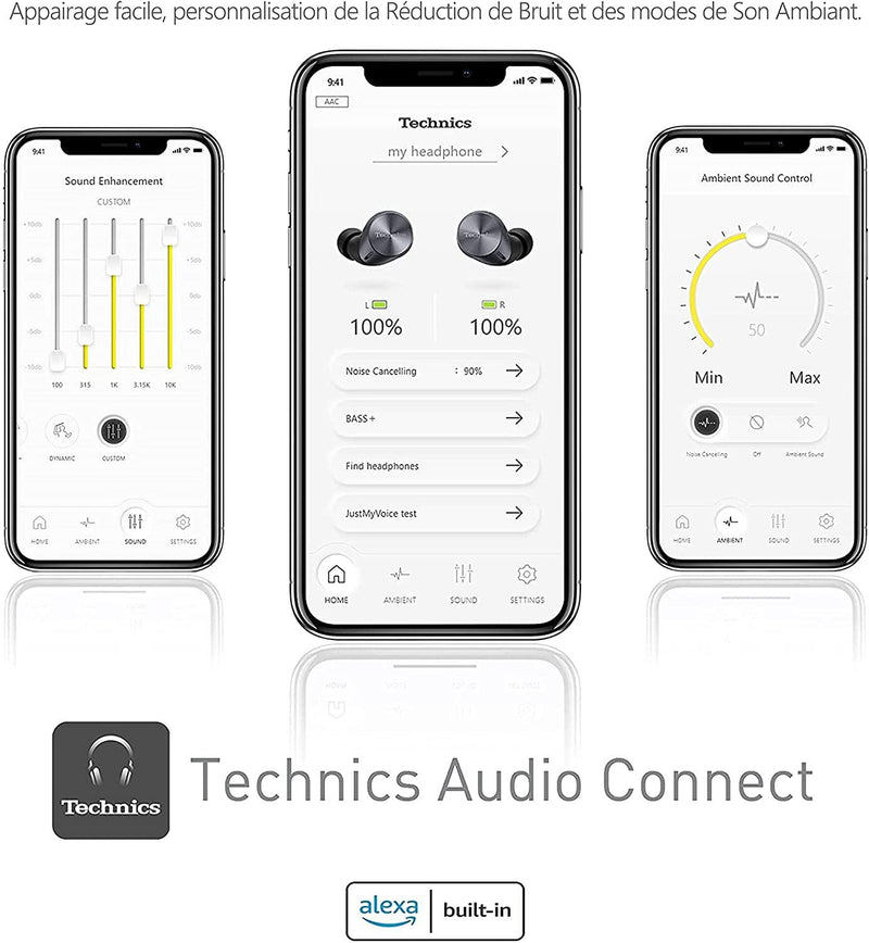Technics EAH-AZ60 I Ecouteurs Bluetooth Sans Fil (HP 8mm, Réduction de Bruit, Son Hi-Res, Appels Haute Qualité, 8 Mic., BT 5.2 Multipoint, Autonom. 24h, Charge rapide, IPX4) Noir - Version Française - LUXING SPORT