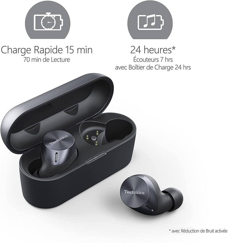 Technics EAH-AZ60 I Ecouteurs Bluetooth Sans Fil (HP 8mm, Réduction de Bruit, Son Hi-Res, Appels Haute Qualité, 8 Mic., BT 5.2 Multipoint, Autonom. 24h, Charge rapide, IPX4) Noir - Version Française - LUXING SPORT
